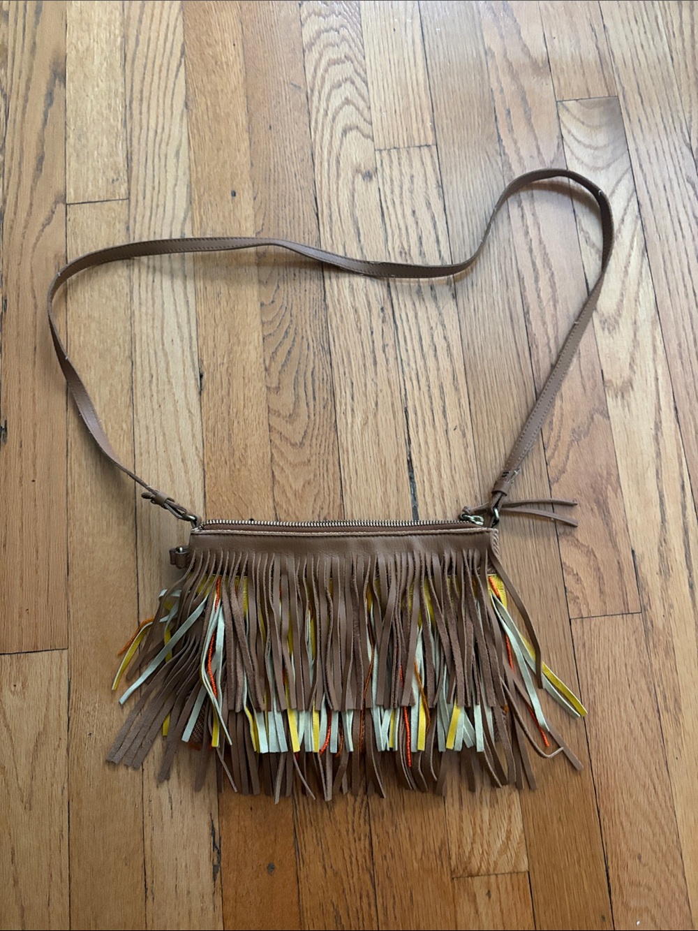 Sam Edelman Tan Fringe Crossbody with Multicolor Ribbon Accents